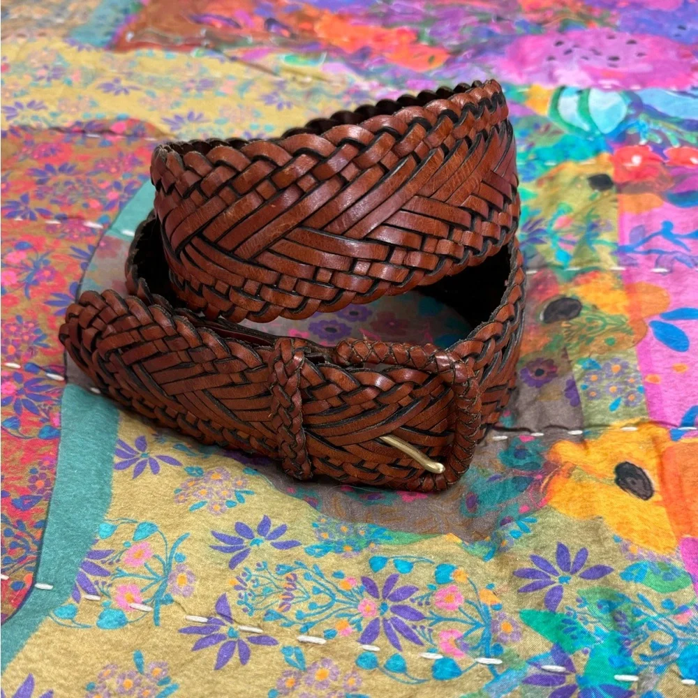 Vintage Woven Leather Belt Western Chunky Buckle Size L Coastal Boho Chic Beach - Picture 3 of 11
